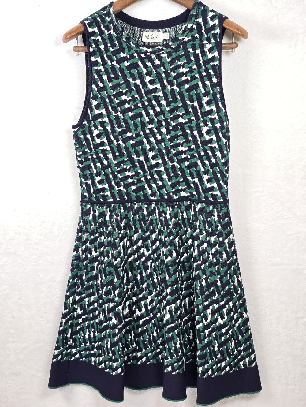 Eliza J Green- Navy Sleeveless Geometric Knit Fit & Flare Sweater  Dress Sz.PL - Picture 6 of 16